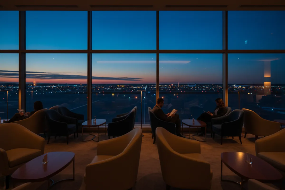 A quiet, luxurious airport lounge with seating overlooking the airfield at dusk.