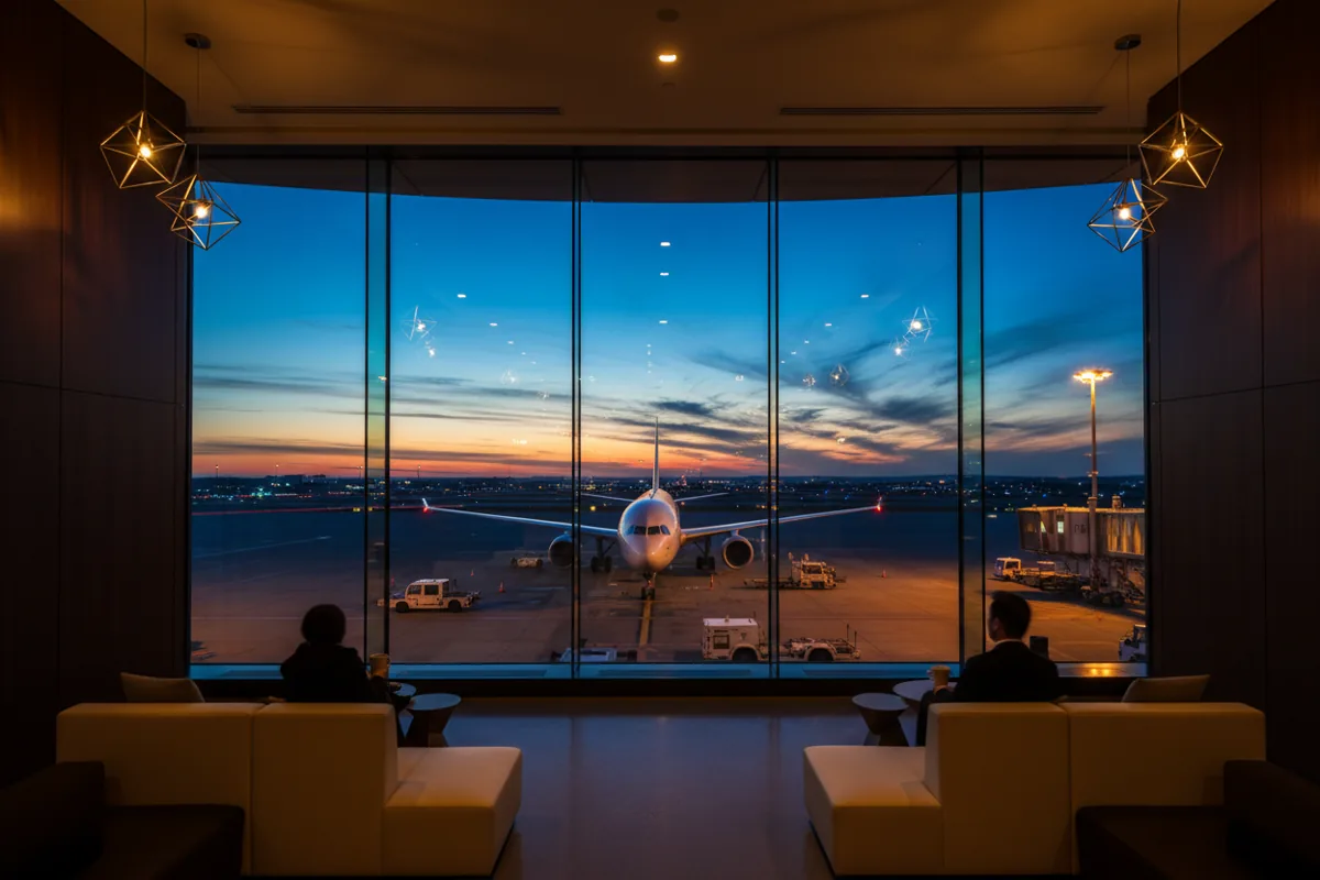 A modern airport lounge at dusk with a view of an airplane on the tarmac.