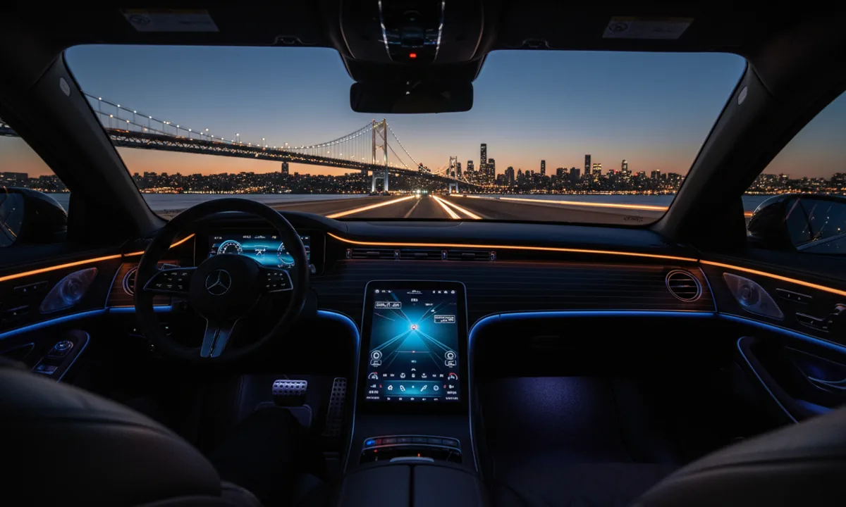 View from the passenger seat of a car driving towards a city skyline at dusk.