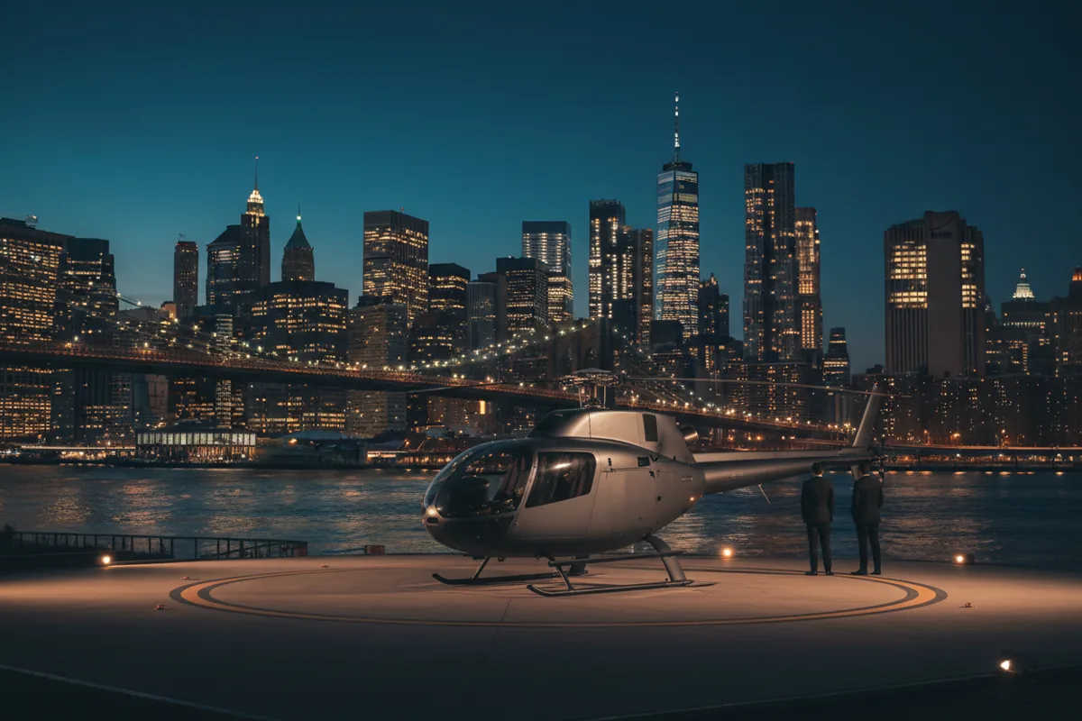 A helicopter on a Manhattan heliport pad at dusk, with the illuminated city skyline in the background.