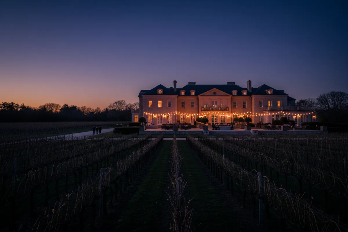 A vineyard with rows of grapevines at dusk, leading to a warmly illuminated estate in the background.