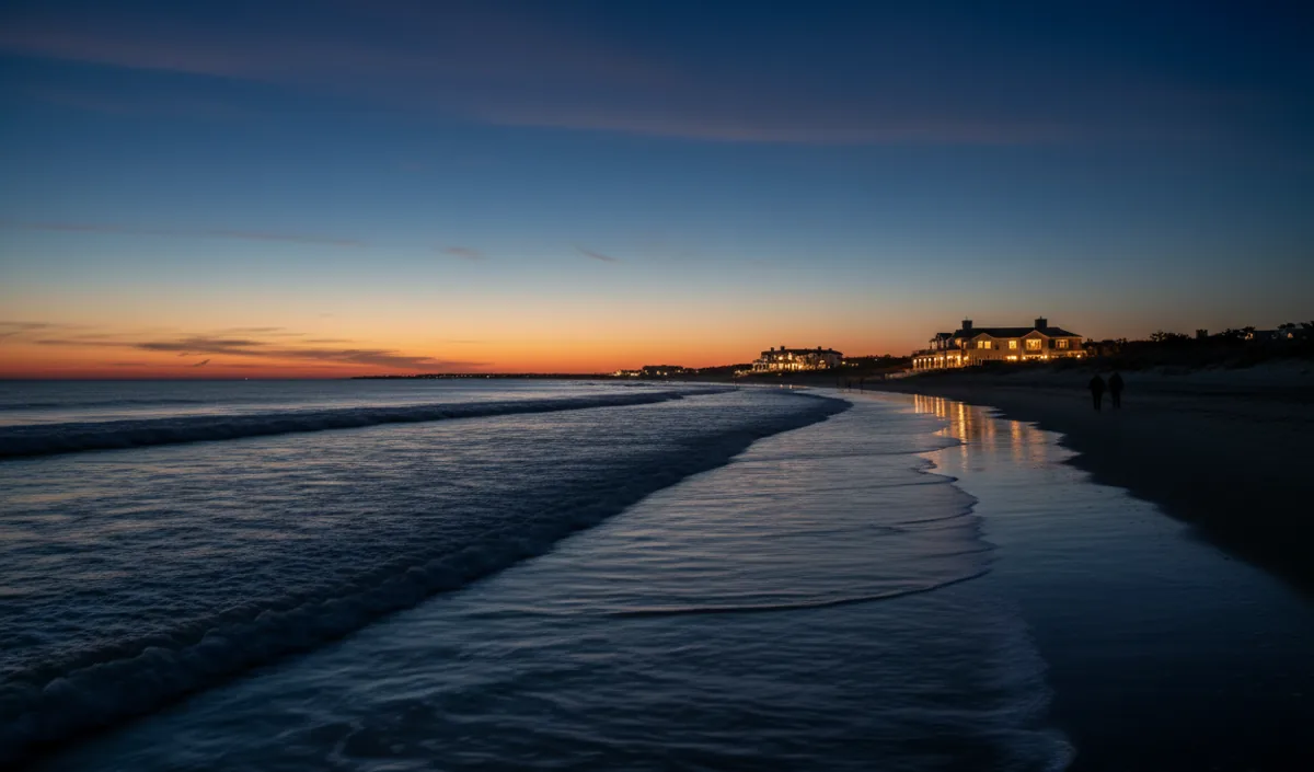 A quiet beach at dusk with gentle waves and the glowing lights of a distant house on the shore.