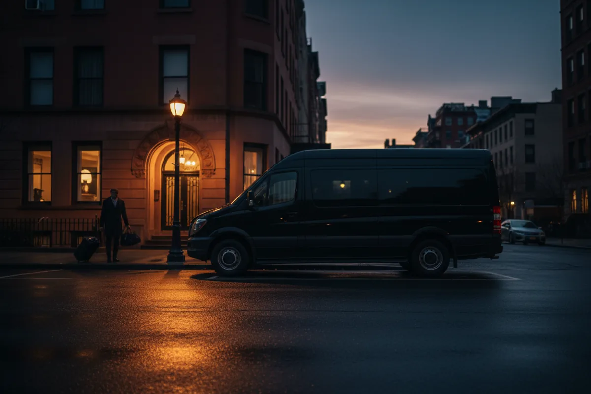 A black shuttle van is parked on a city street at dusk, waiting for a passenger.