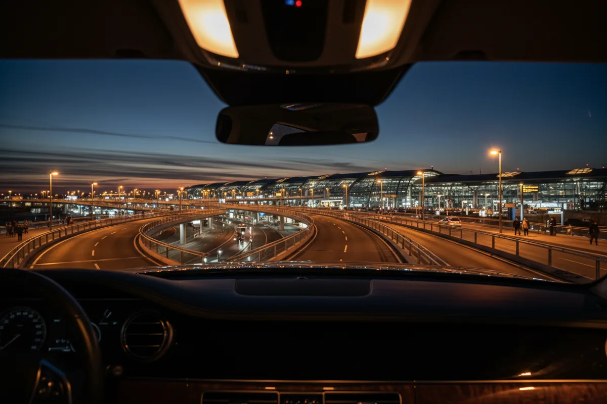 The view from inside a car at night, looking through the windshield at the illuminated roads of an airport.