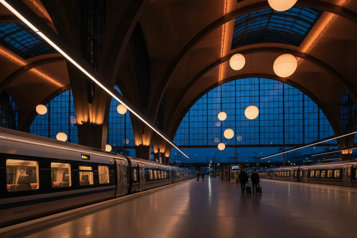 A modern train waits at a glowing station platform at dusk.