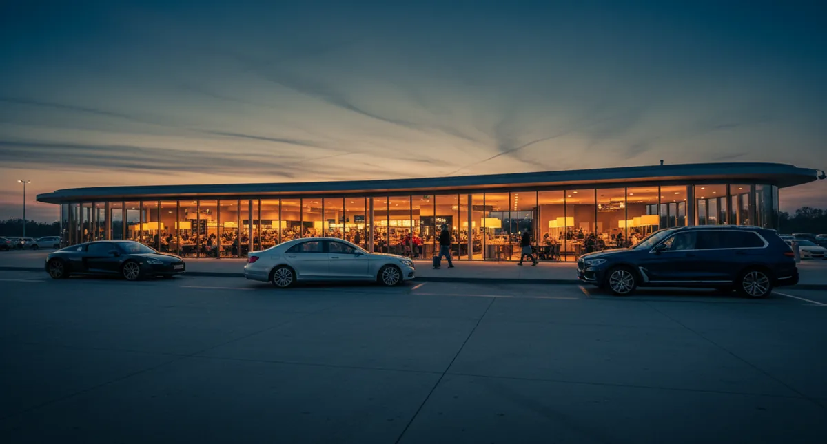A modern, well-lit highway rest stop building at dusk with cars parked outside.