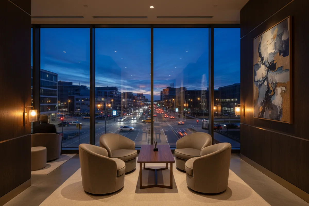 A quiet, modern lounge with comfortable chairs overlooking a glowing city street at night.