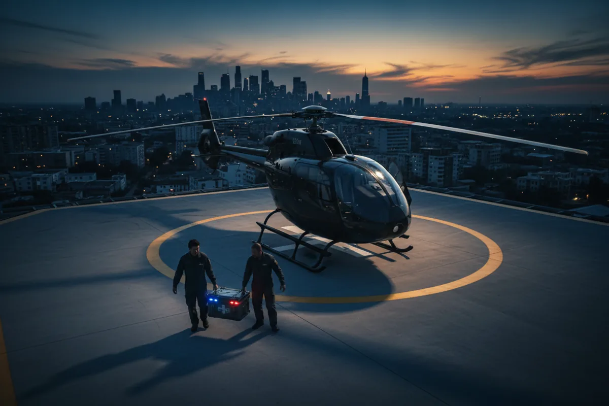 A medical transport box is carried across a rooftop helipad towards a helicopter at twilight.