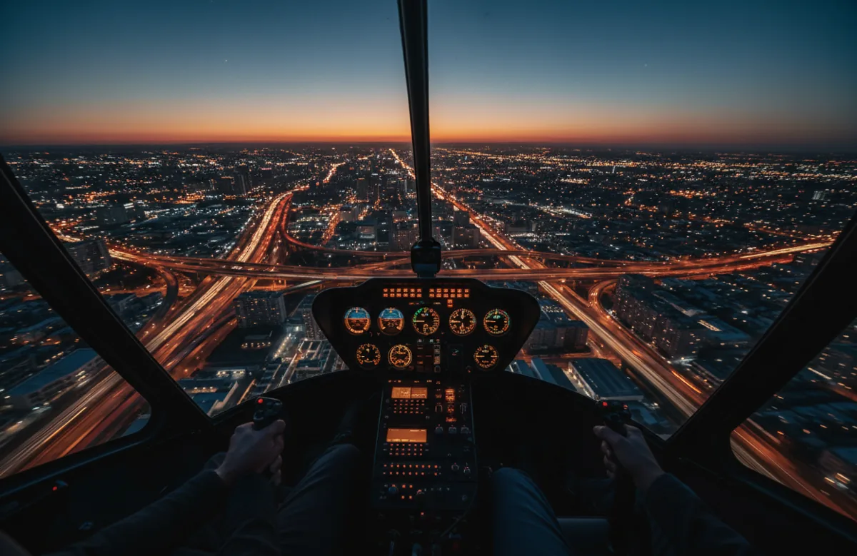 View from a helicopter cockpit overlooking a vast, illuminated cityscape at night.