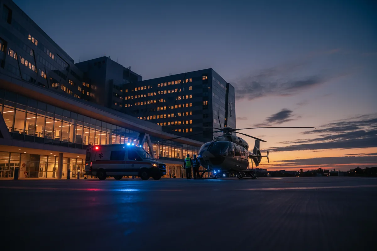 An ambulance waits next to a helicopter on a hospital helipad at dusk.