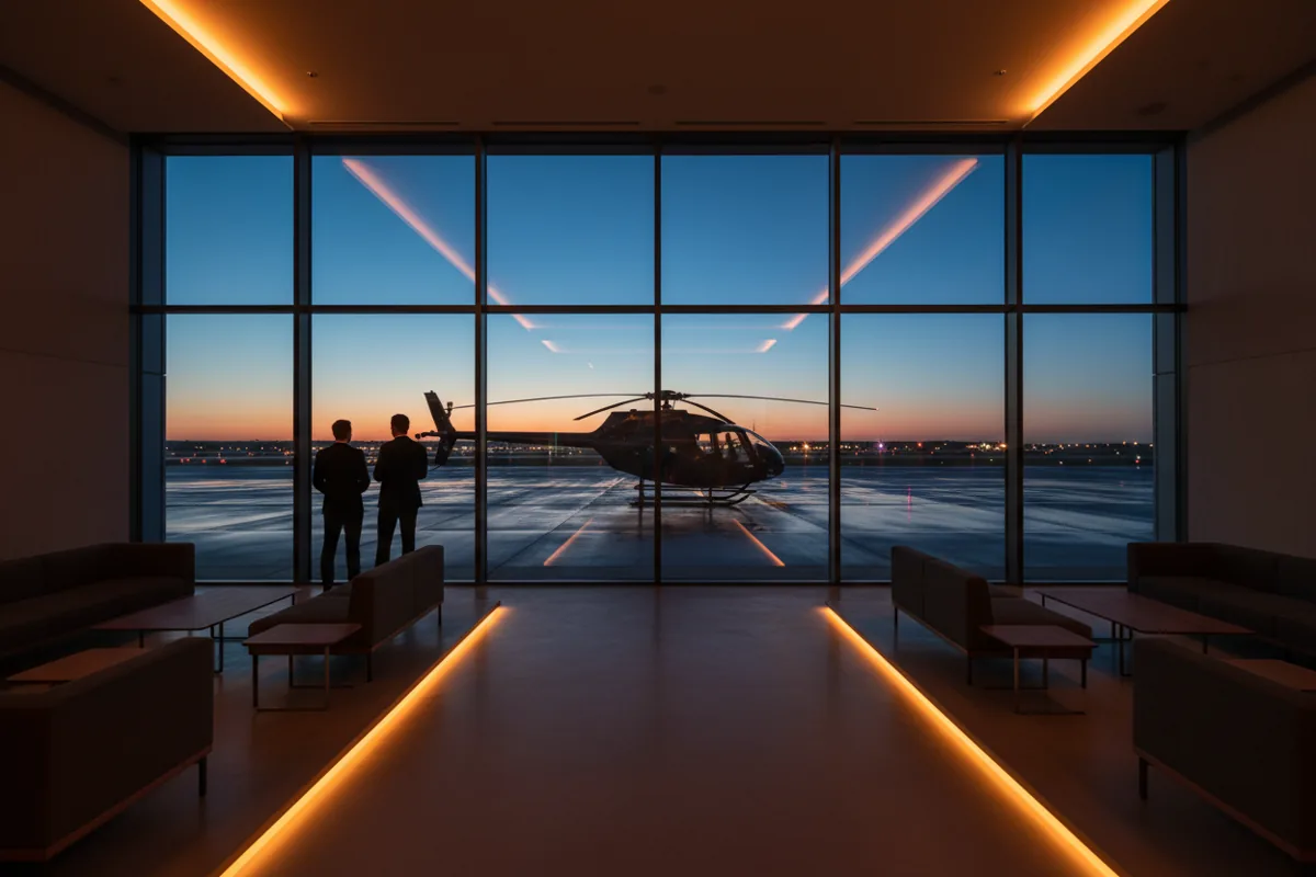 A modern, luxurious airport lounge at twilight, with a view of a helicopter on the tarmac.