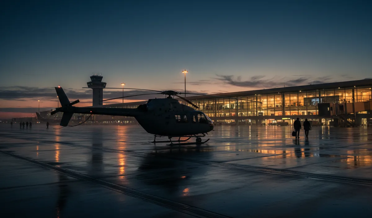 A helicopter parked on an airport tarmac at dusk, with a terminal building lit up in the background.