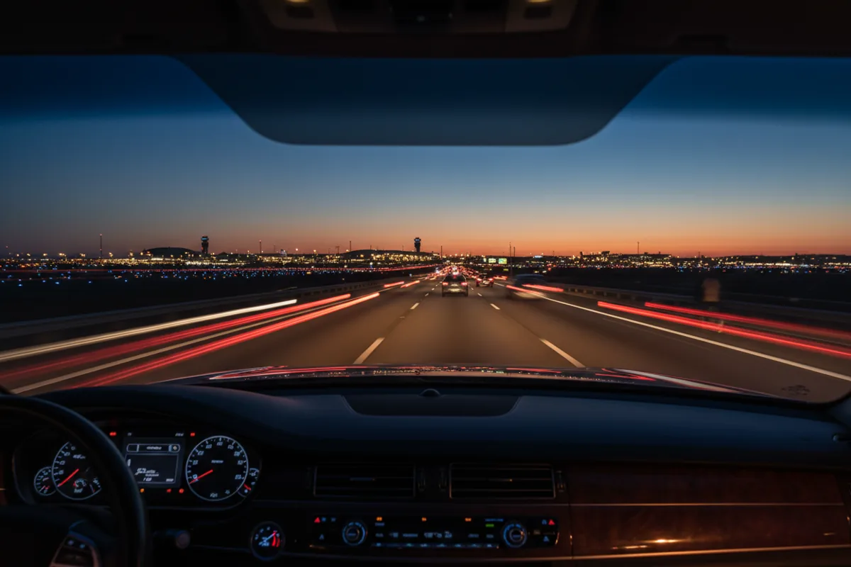 View from inside a car driving on a highway toward an airport at night.