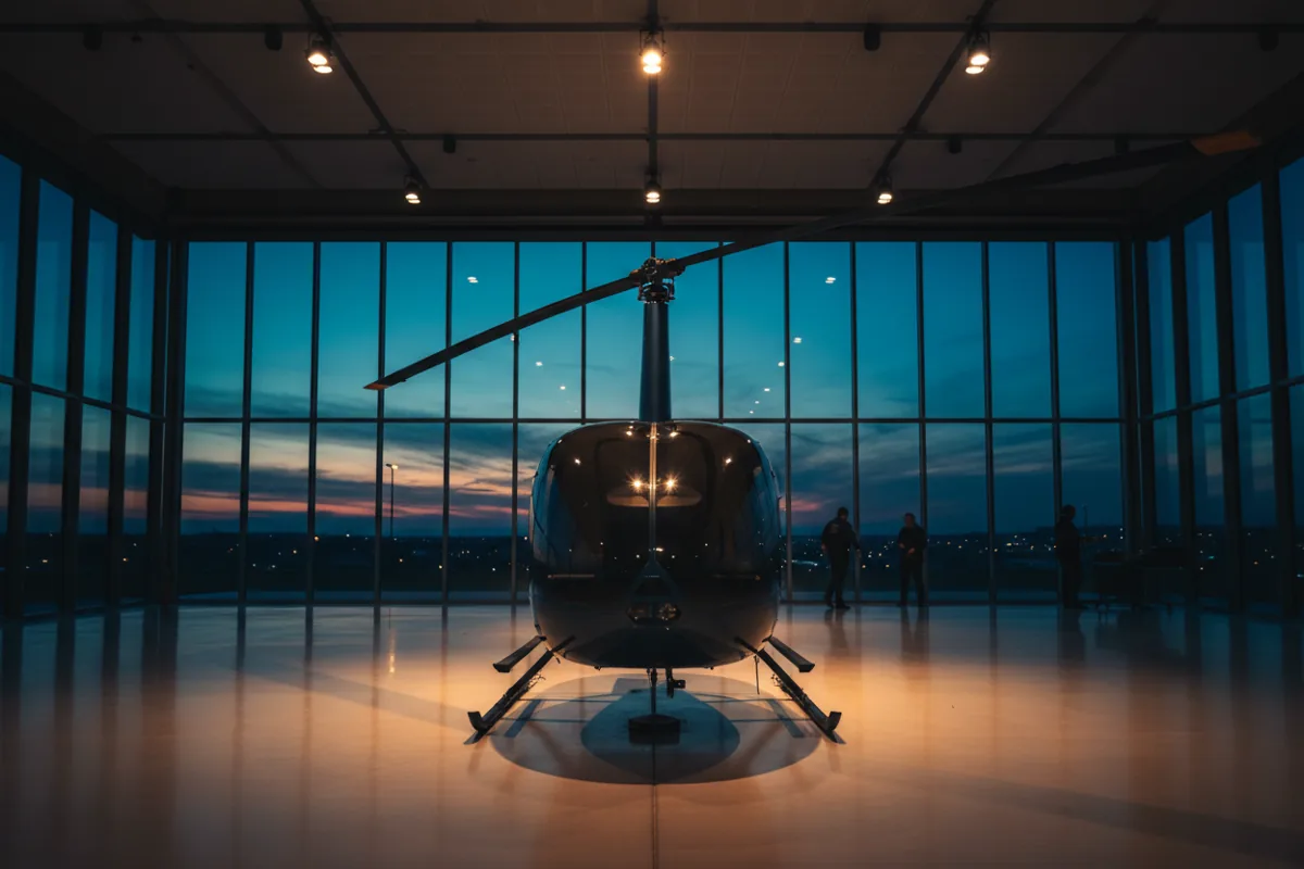 A new helicopter parked inside a clean, modern aircraft hangar.