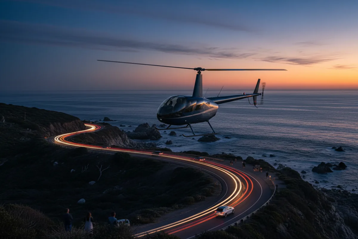 A helicopter flies over a coastal road with car light trails at twilight.
