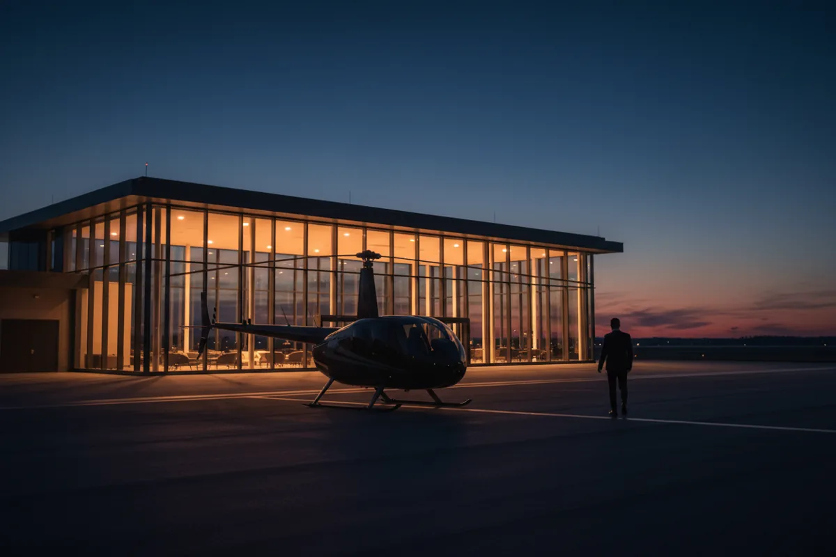 A helicopter waiting on the tarmac of a private airport terminal at night.