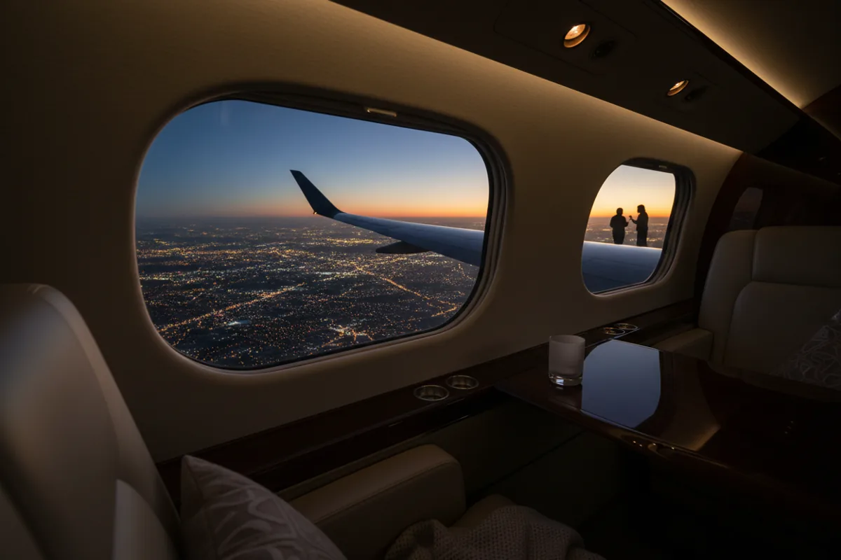 View from a private jet window at night, showing the wing and city lights below.