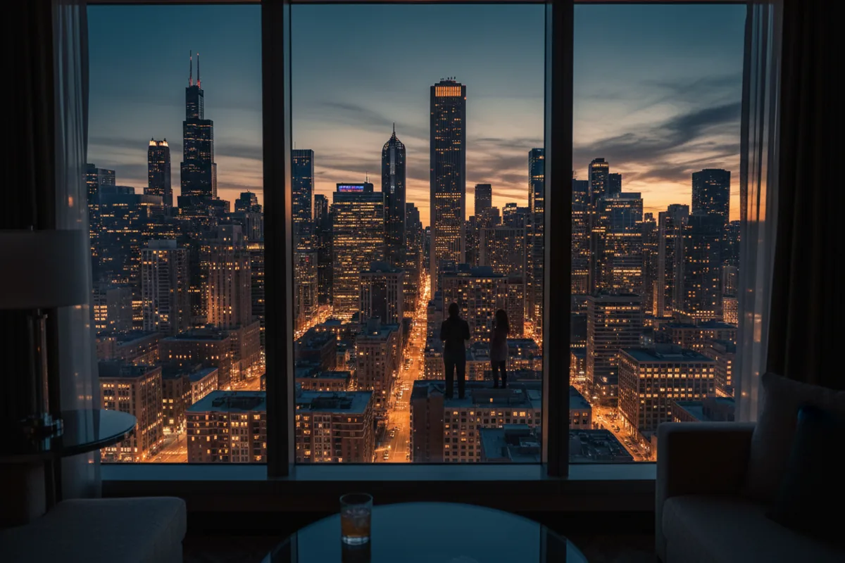 A vibrant city skyline at dusk, viewed from a high-rise window.