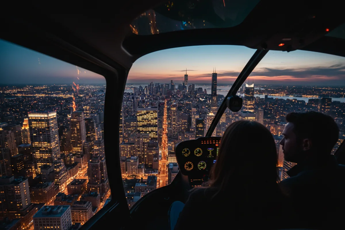 The view of New York City's glowing streets at night from inside a helicopter.
