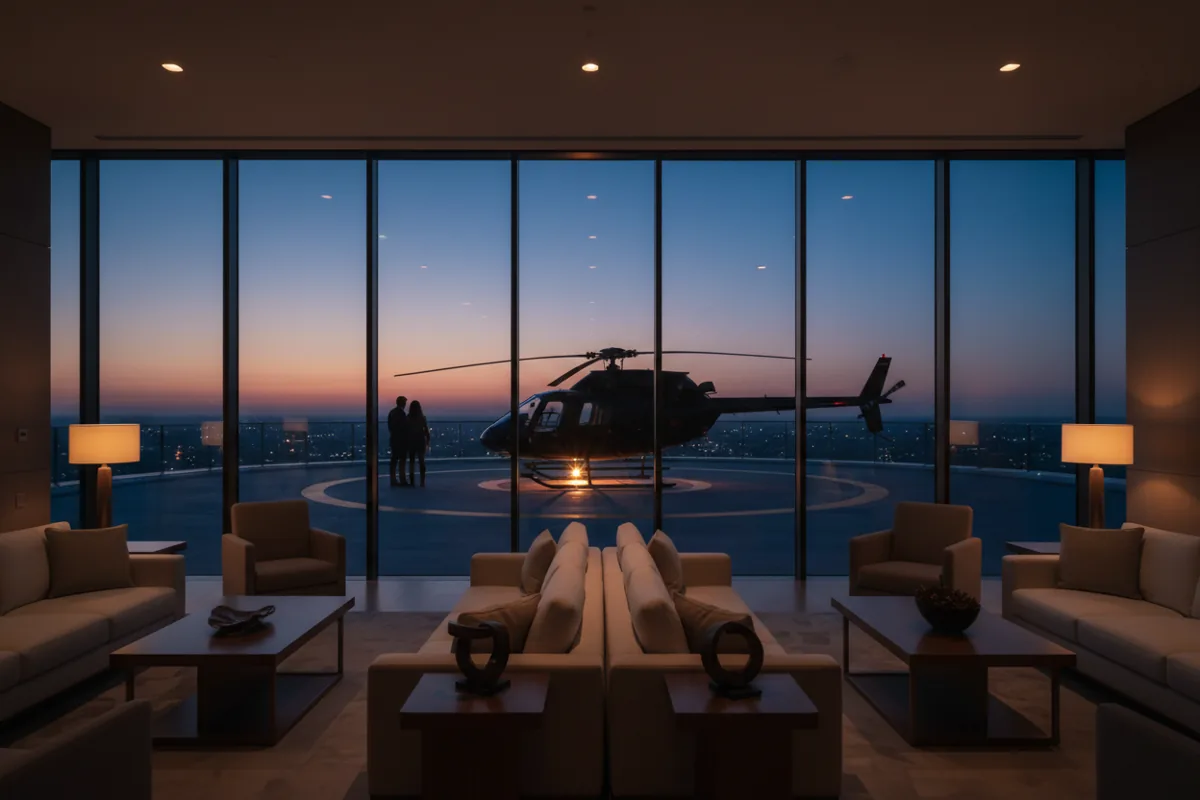 A couple in a modern lounge looks out at a helicopter on a helipad at dusk.