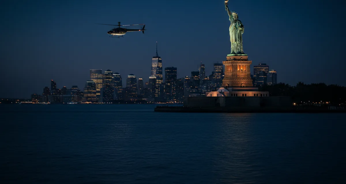 The Statue of Liberty on Liberty Island at blue hour with a distant helicopter over the harbor.