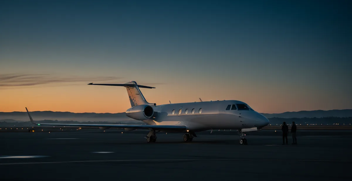 A white private jet on an airport tarmac at sunset, with golden California hills in the distance.
