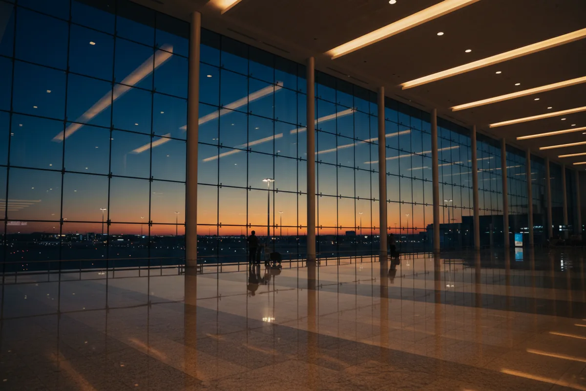 The interior of a modern airport terminal with large windows overlooking the tarmac at dusk.