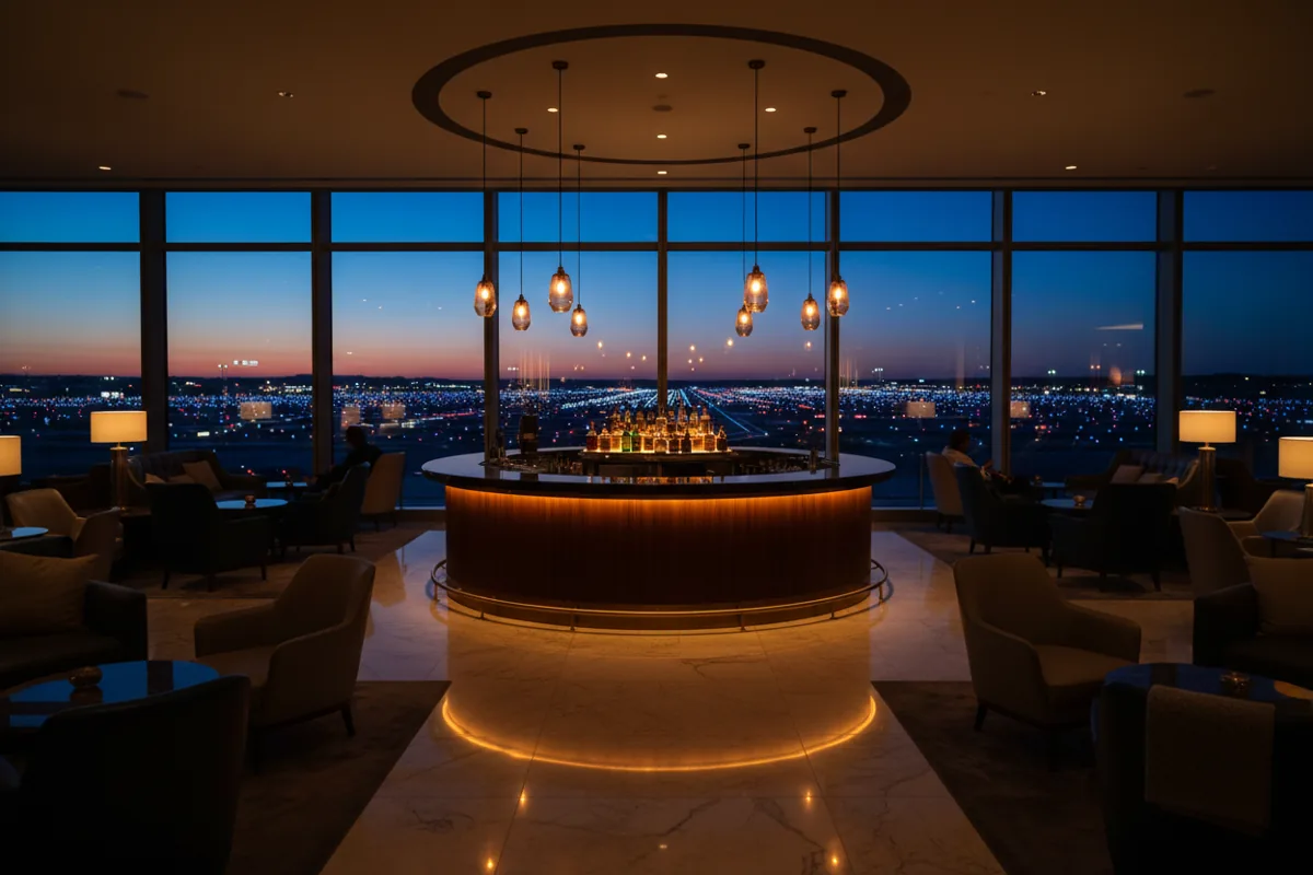 An empty, upscale airport lounge with a modern bar and seating at twilight.