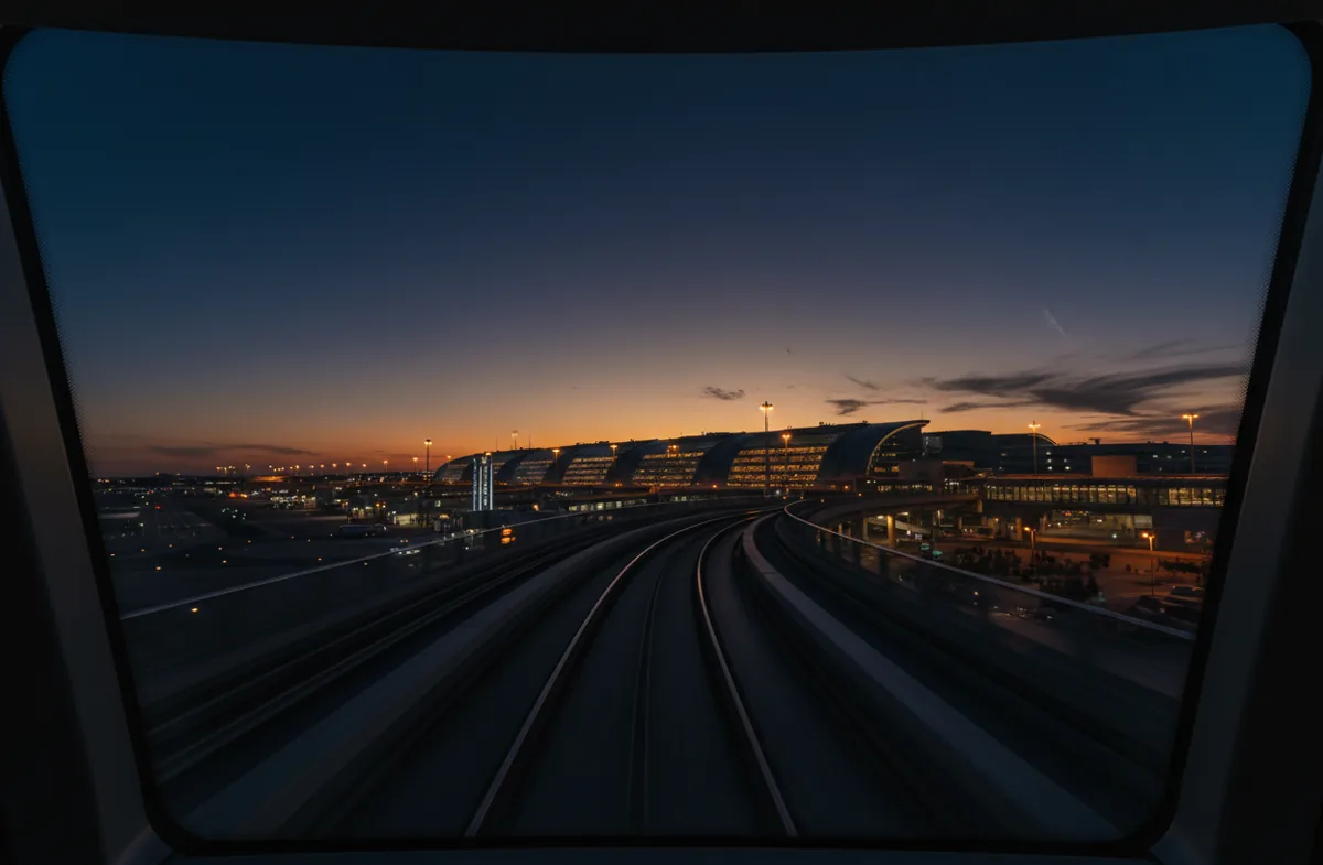 View from a moving airport train at night, showing illuminated airport terminals in the distance.
