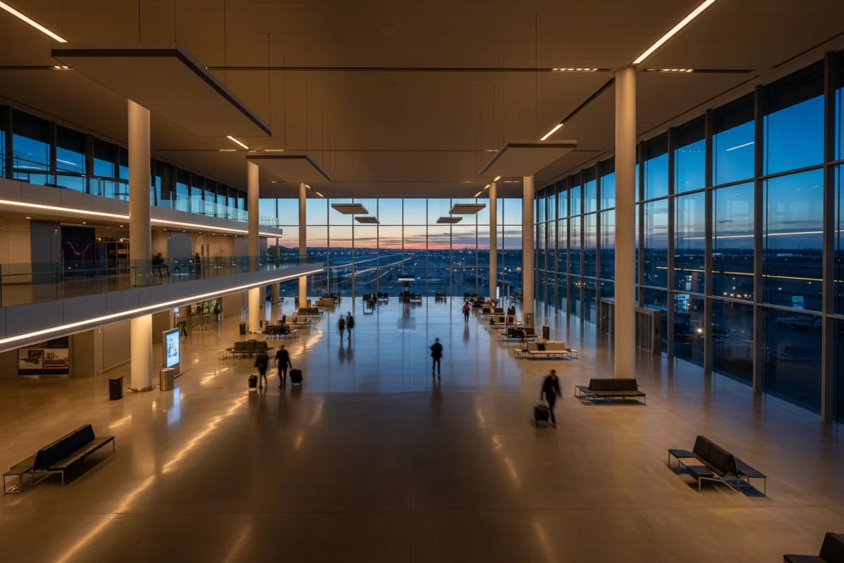 A spacious, modern airport departure lounge at twilight, with large windows overlooking the tarmac.