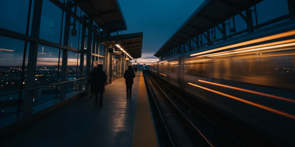 An airport train arriving at an elevated station at dusk, with light trails from its movement.