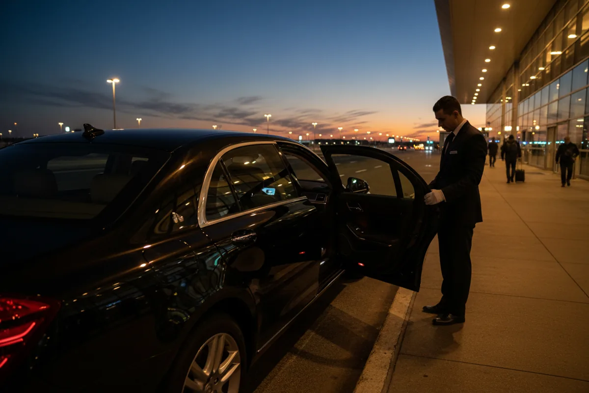A chauffeur holding open the door of a luxury black car at an airport terminal curb at night.