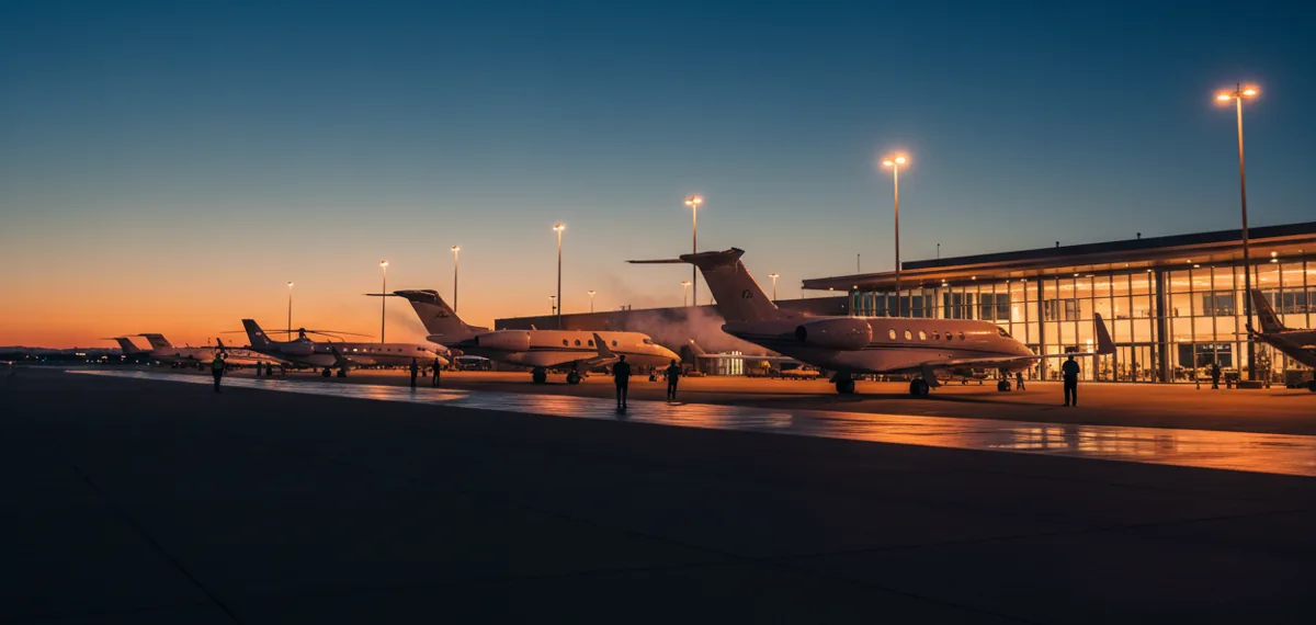 Private jets and a helicopter on an airport tarmac at dusk, in front of a modern, glowing terminal.