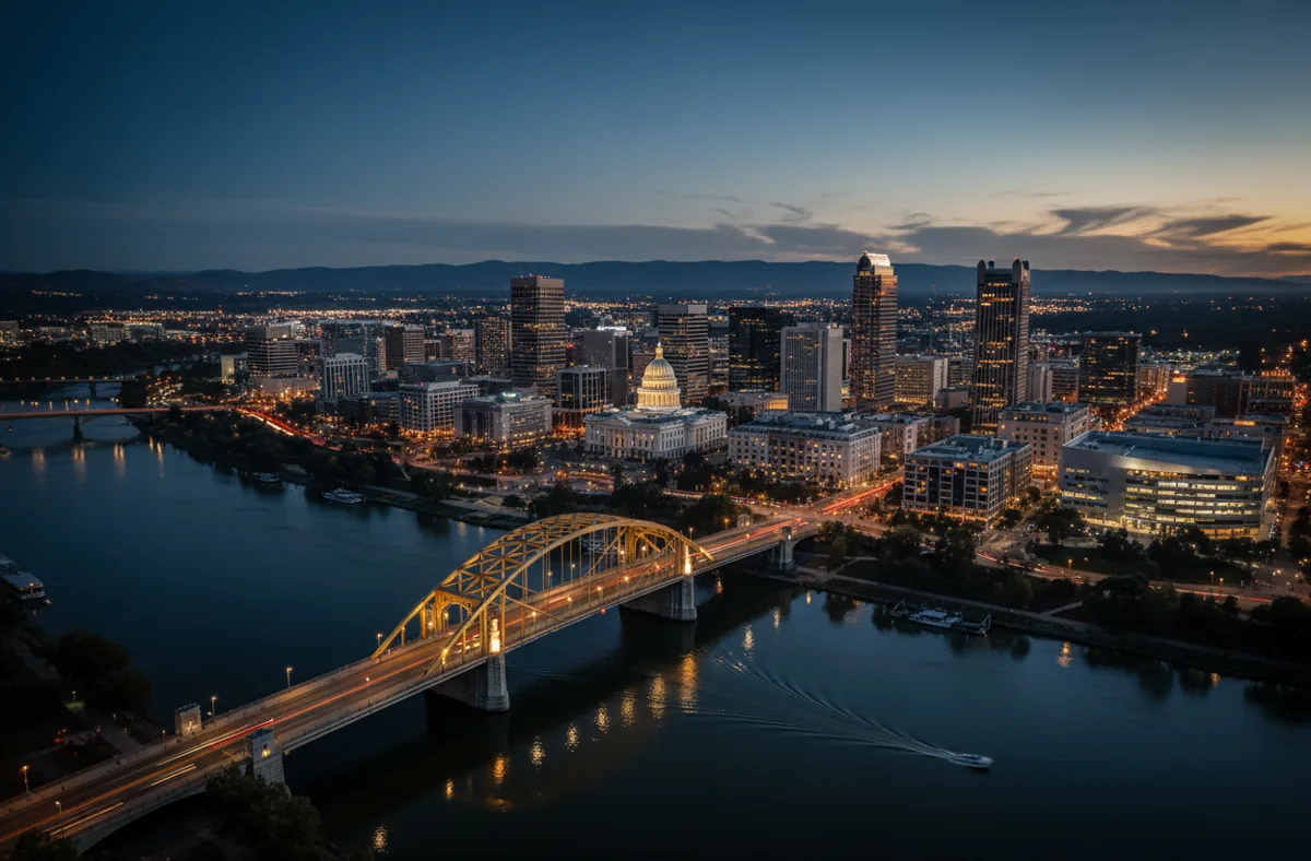 Aerial view of downtown Sacramento and the gold Tower Bridge at dusk.