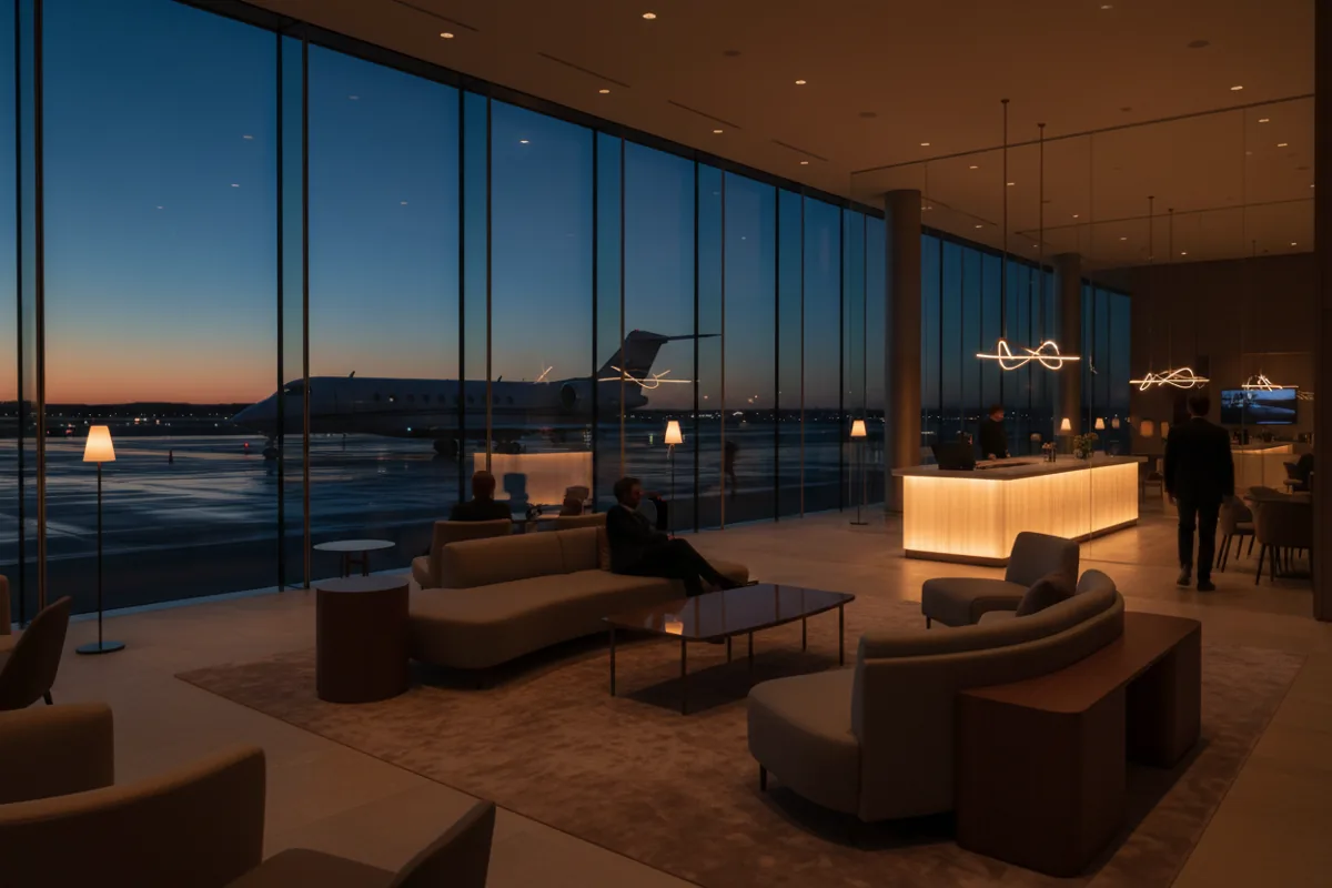 An empty luxury airport lounge with modern furniture overlooking a private jet on the tarmac at dusk.
