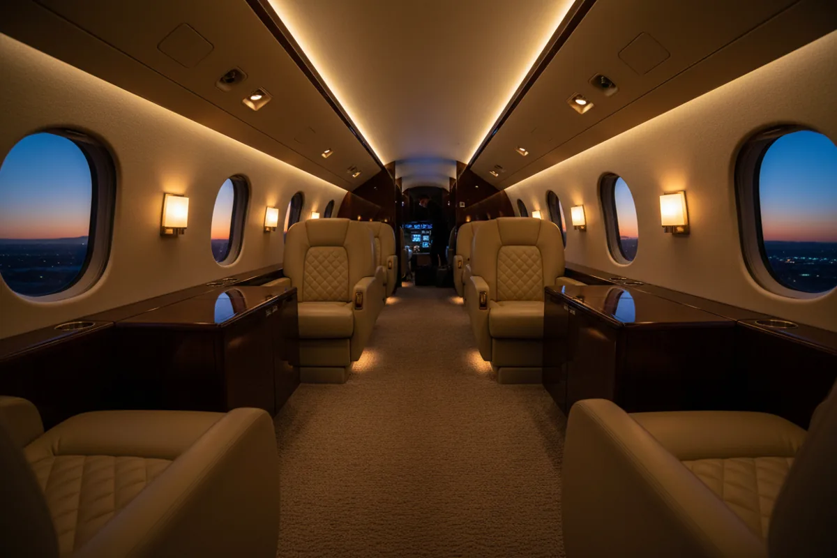 The empty, luxurious interior of a private jet cabin with plush leather seats and warm ambient lighting.
