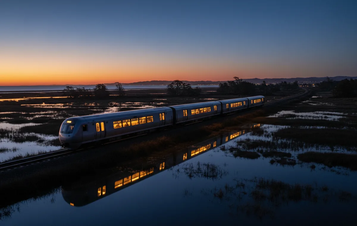 A modern train travels through a coastal landscape at dusk.