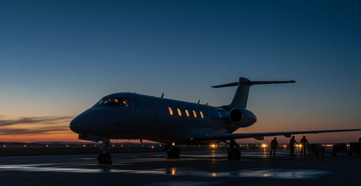 A private jet on an airfield tarmac at sunset.