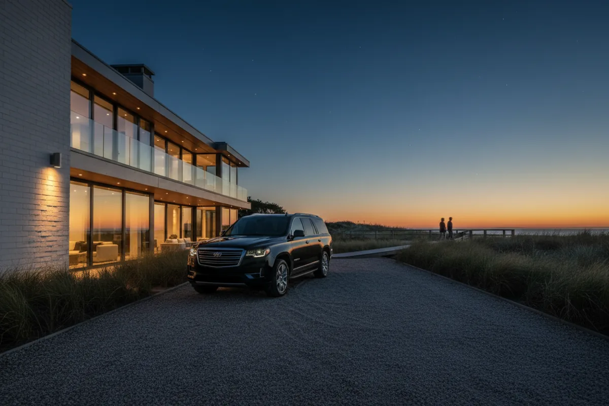 A luxury SUV parked in the driveway of a modern Hamptons home at dusk.