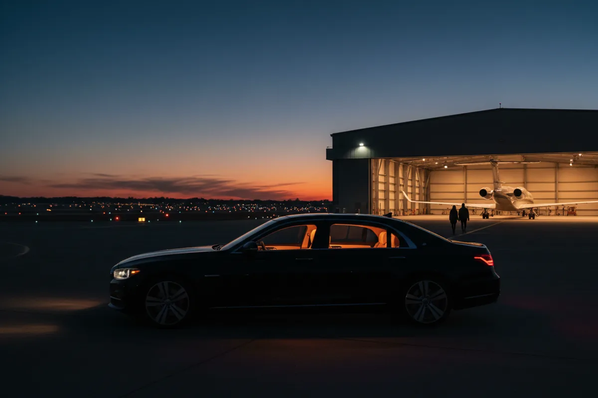 A luxury sedan with glowing interior lights parked on an airport tarmac at dusk.