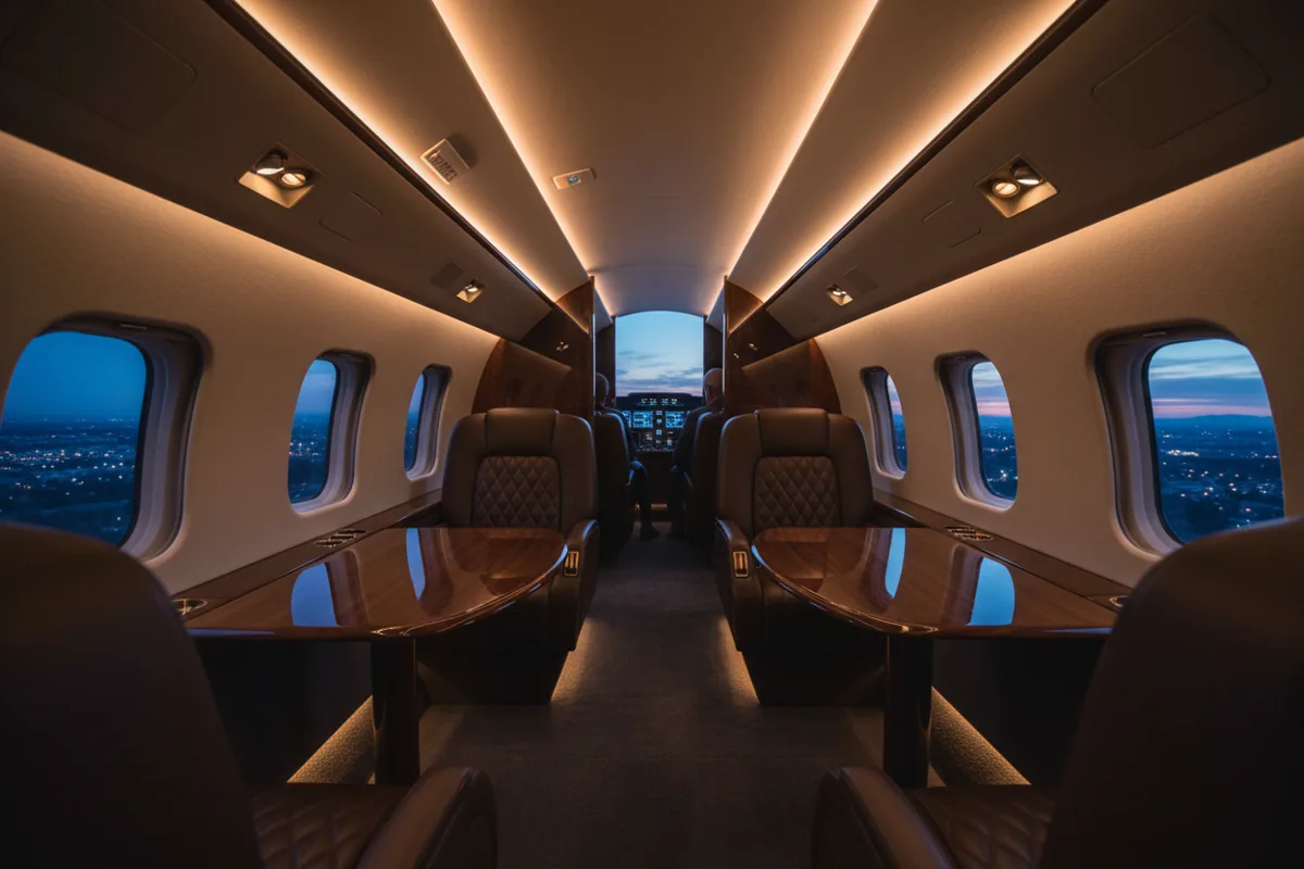 The empty, luxuriously lit cabin of a private jet at night, with plush leather seats.