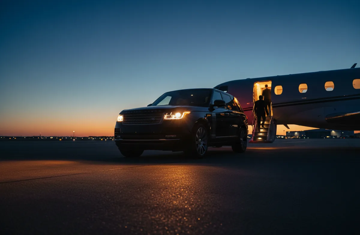 A luxury SUV parked next to a private jet on the tarmac at twilight, ready for boarding.