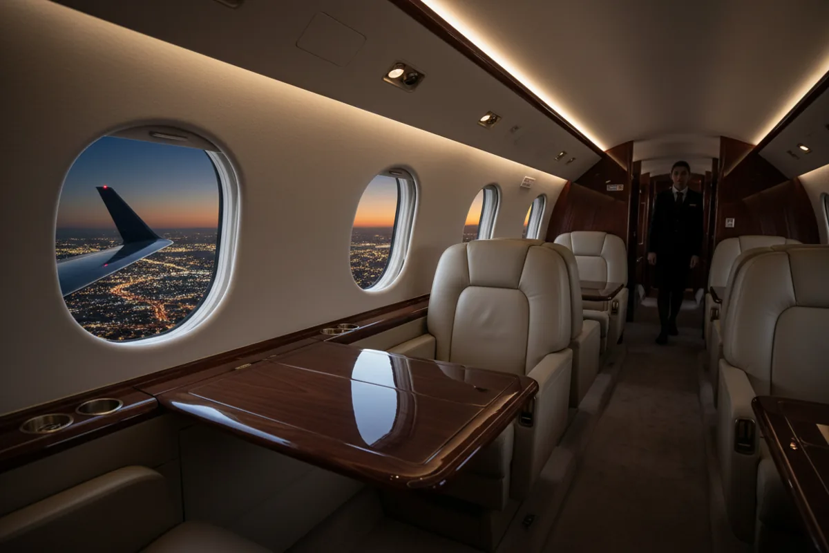 View from a private jet window at dusk, showing the wing and glowing city lights below.