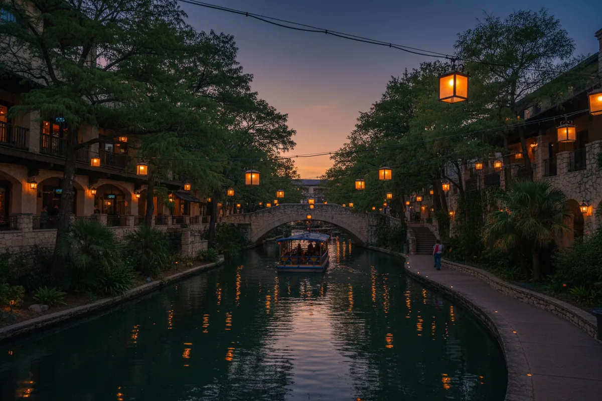 The San Antonio River Walk at dusk, with glowing lights reflecting on the water.