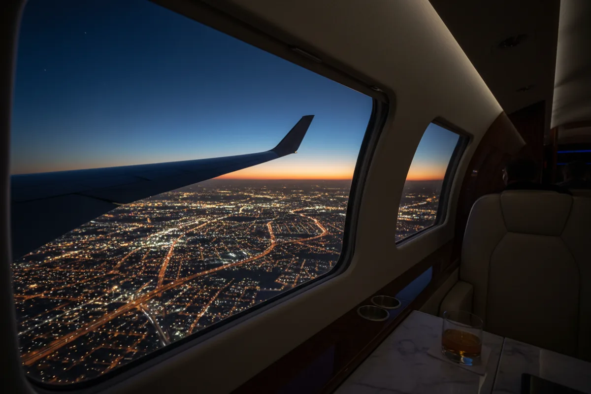 View from a private jet window at dusk, showing the aircraft's wing and the glowing city lights below.