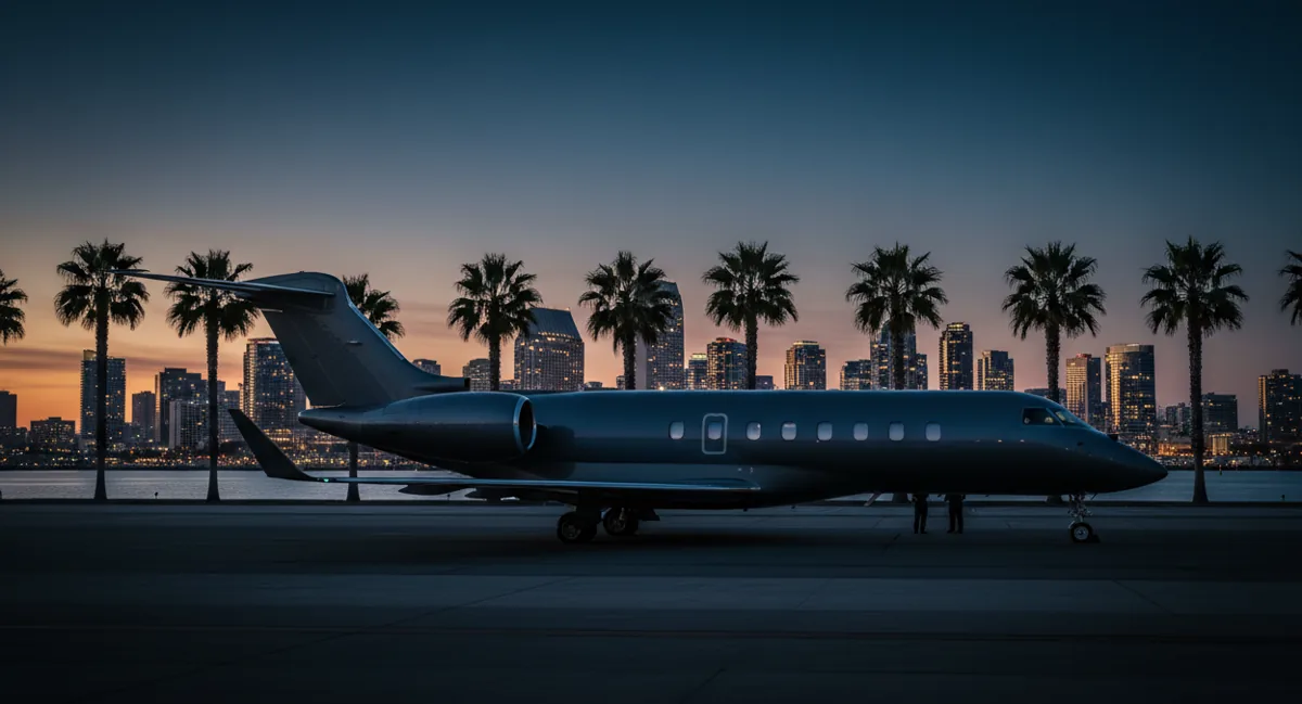 A midsize business jet at sunset with the San Diego skyline and Coronado Bridge behind it.