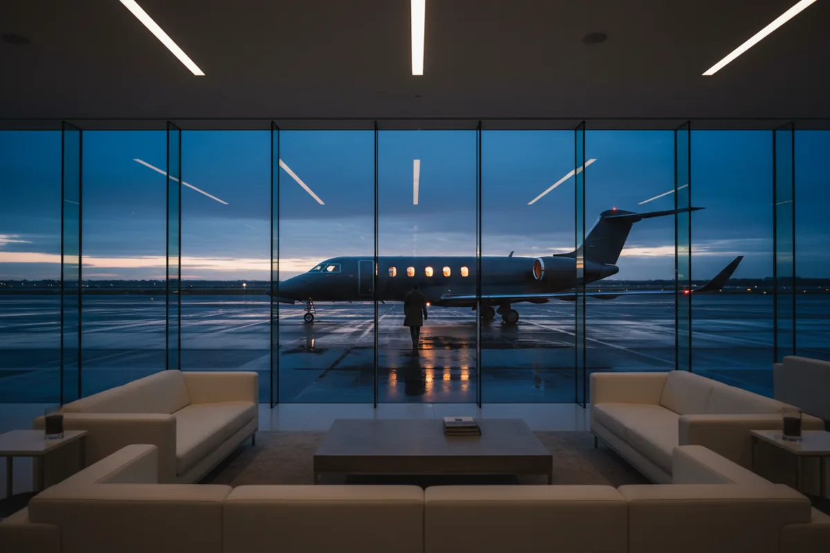 A private jet waiting on the tarmac, viewed from inside a modern airport lounge at dusk.