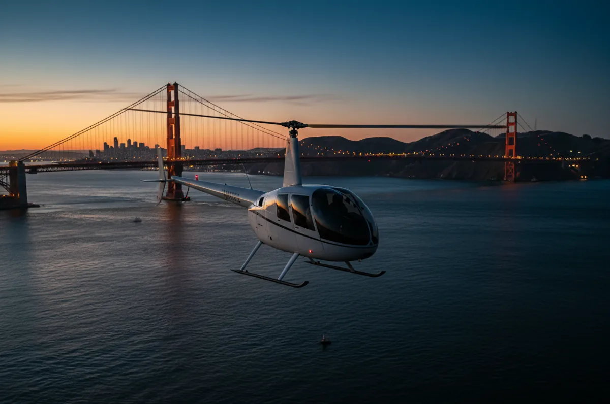A white helicopter flying over the San Francisco Bay, with the Golden Gate Bridge visible in the distance.