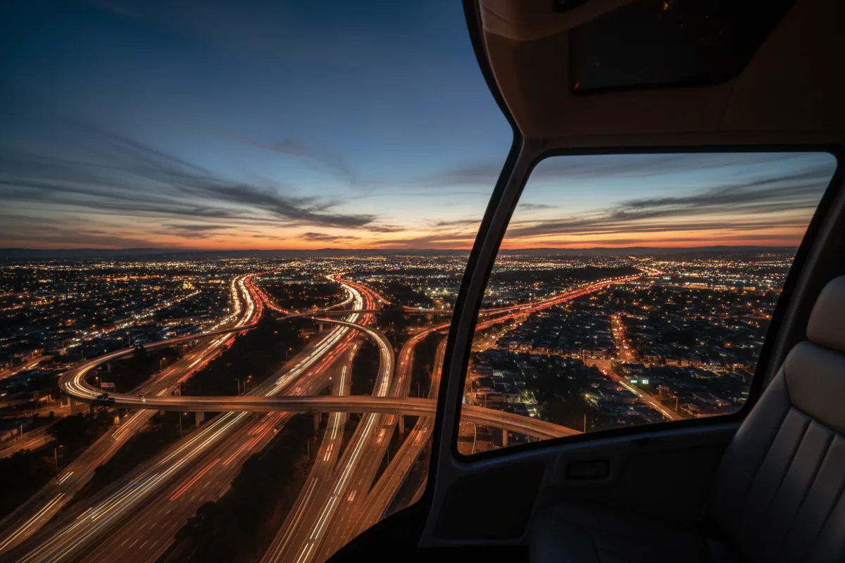 An aerial view of a sprawling, illuminated suburban grid at night from a helicopter window.