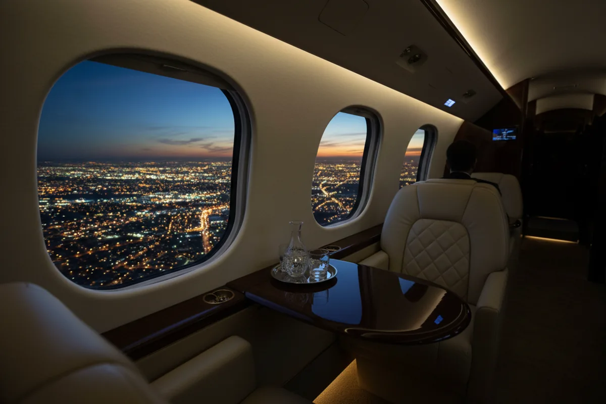 The interior of a luxurious private jet cabin with a view of city lights from the window at night.